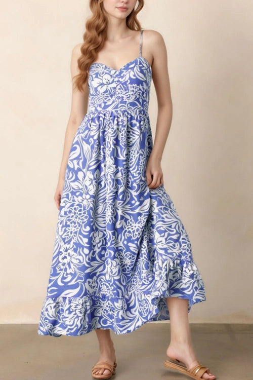 Bluebell Reverie sundress by Trendsi featuring a flowy blue floral design and thin shoulder straps, perfect for warm weather.