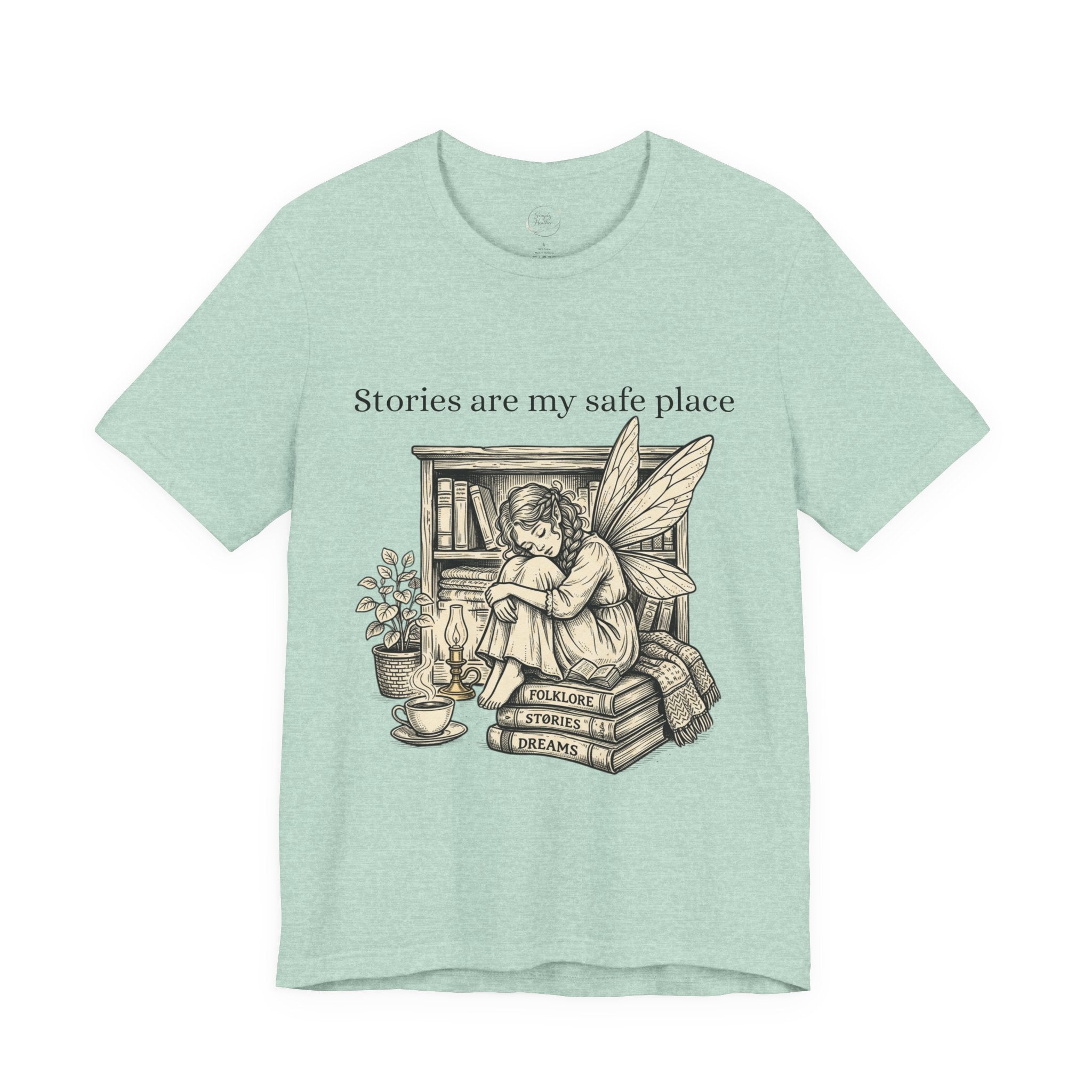 Fairy reading booklover T-shirt featuring "Stories Are My Safe Place" slogan, casual cotton tee for book lovers and fairy fans.