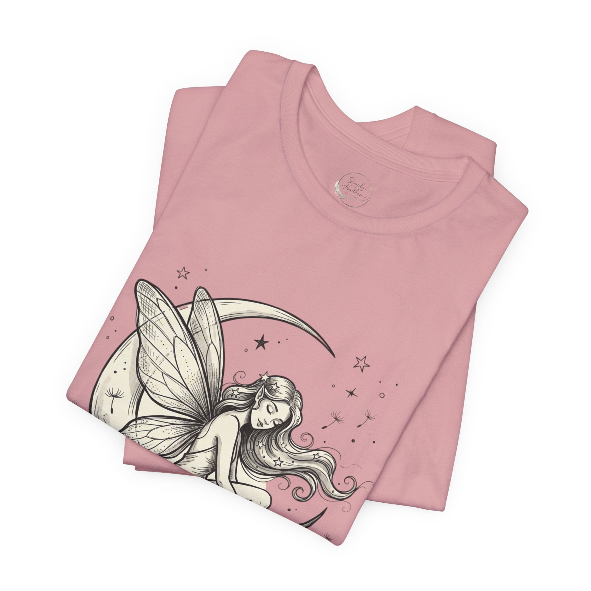 Whimsical moon fairy celestial graphic T-shirt by Printify featuring a dreamy fairy and moon design on soft fabric.