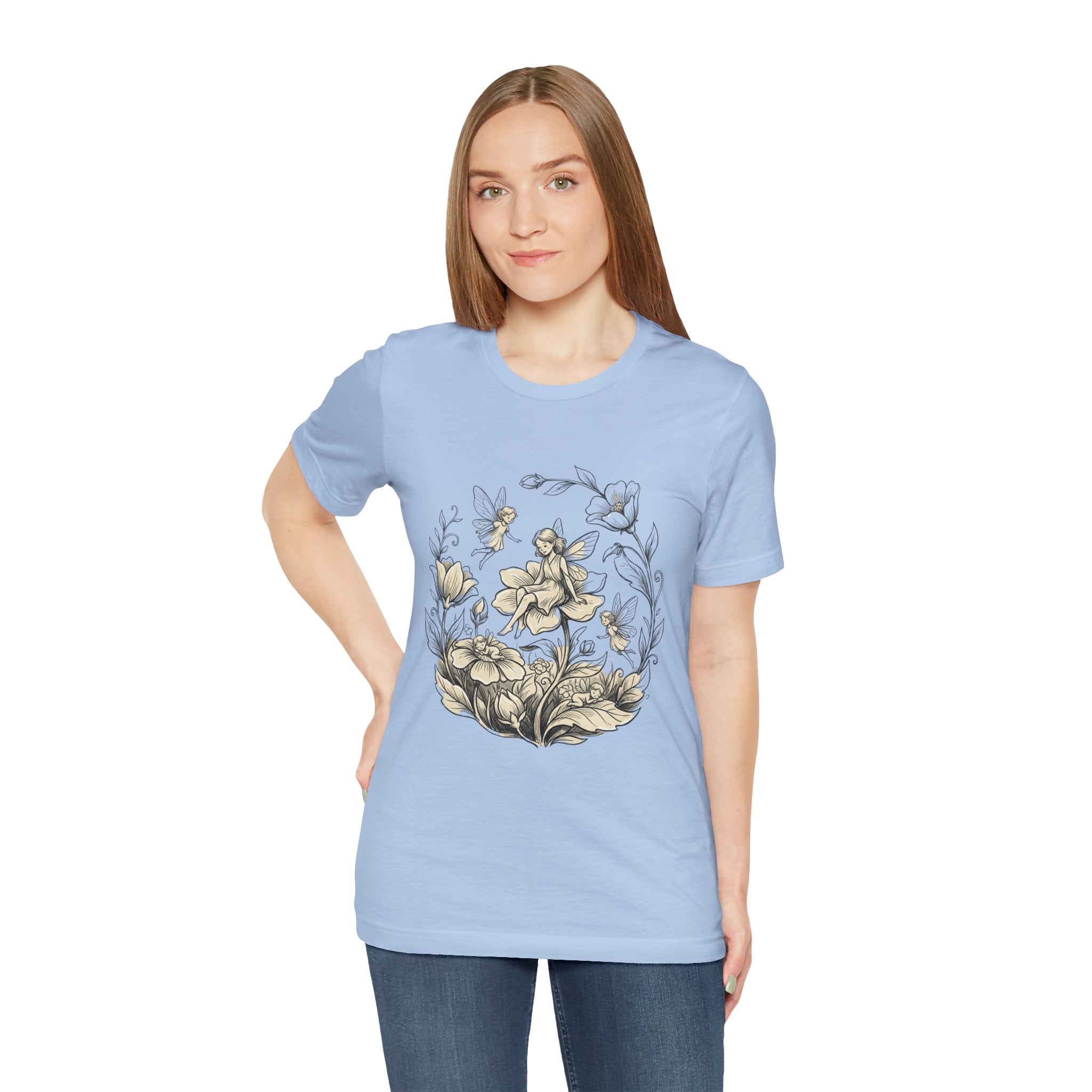 Vintage floral fairy garden T-shirt by Printify featuring botanical flower and fairy graphic on soft fabric.