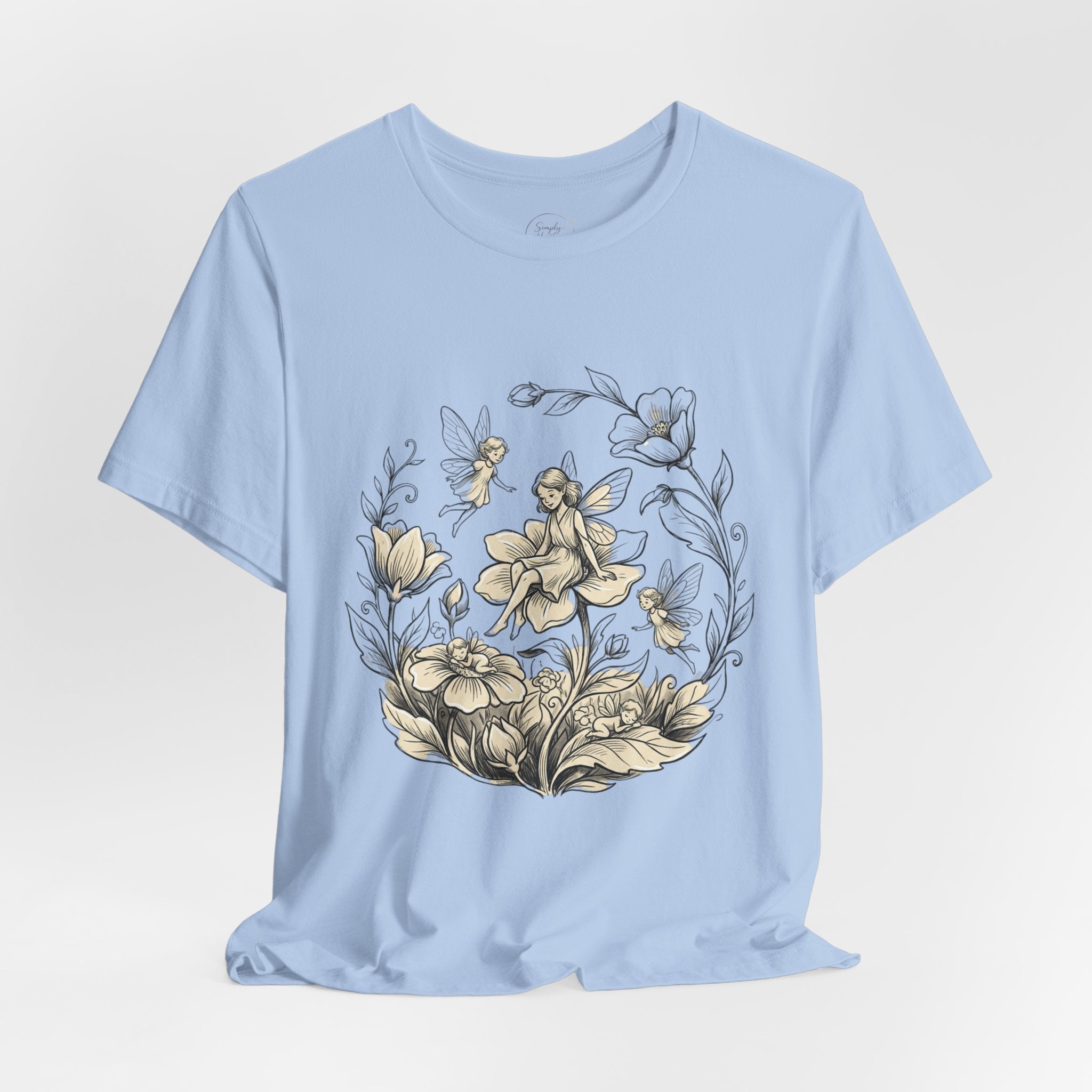 Vintage floral fairy garden T-shirt featuring botanical flower and fairy graphic, by Printify.
