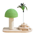Wooden mushroom sisal rope cat scratching post with interactive ball track, 24 Hour Crafts 2-in-1 cat accessory for play and scratching.