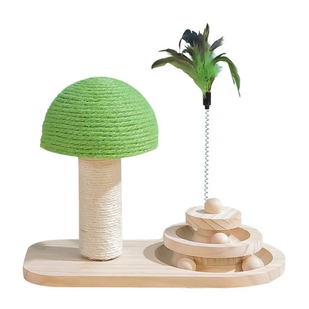 Wooden mushroom sisal rope cat scratching post with interactive ball track, 24 Hour Crafts 2-in-1 cat accessory for play and scratching.