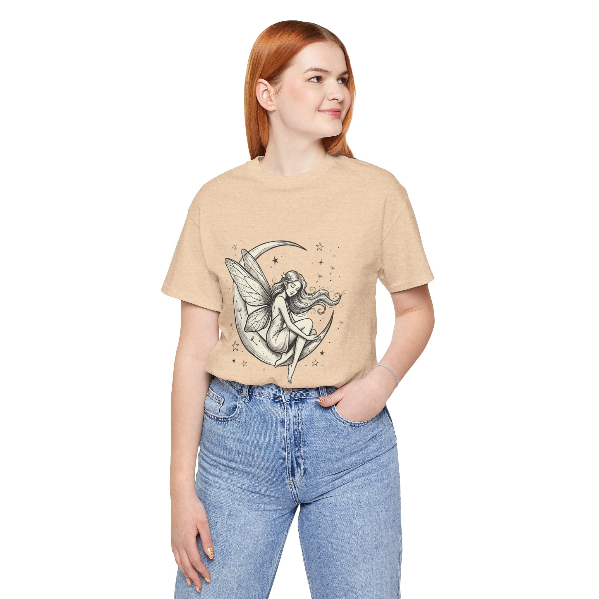 Moon Fairy T-Shirt with whimsical celestial graphic, featuring a fairy and moon design on a soft fabric tee by Printify.