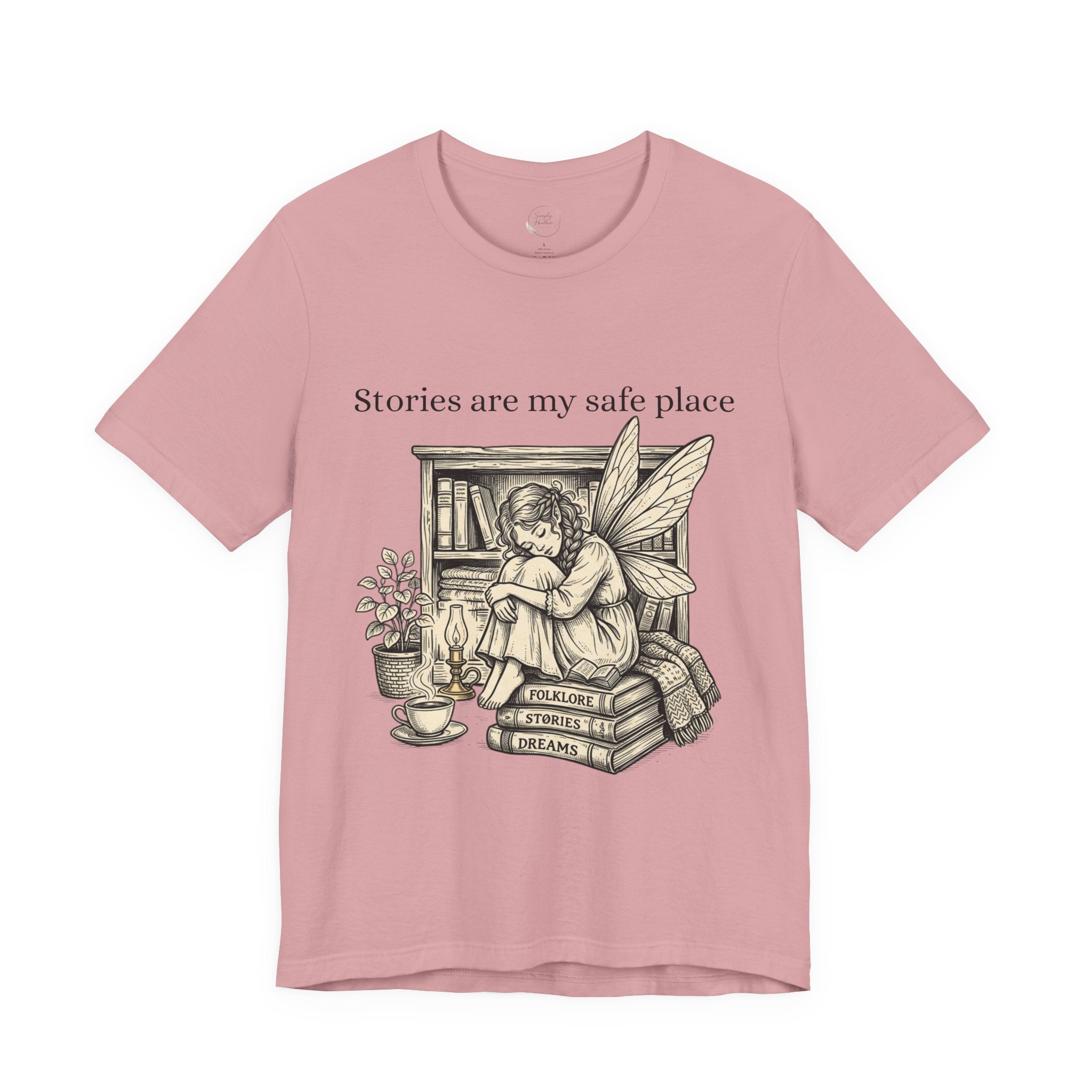 Fairy reading booklover T-shirt featuring "Stories Are My Safe Place" slogan, casual fit, soft fabric, ideal for book enthusiasts.