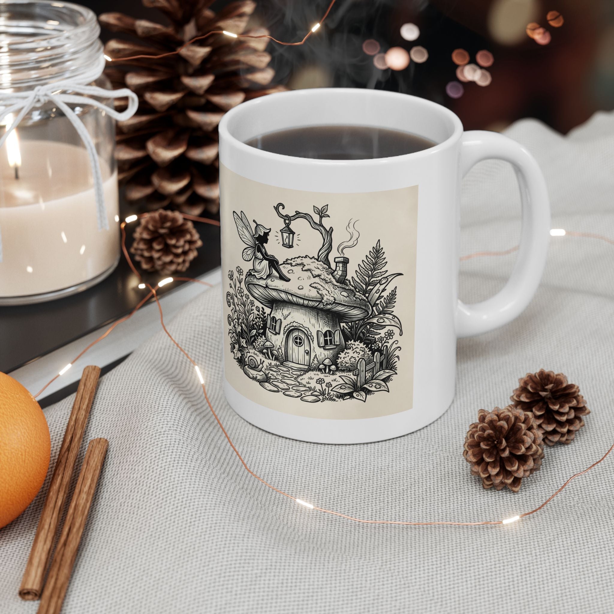 Printify Fairy Cottage ceramic mug featuring vintage mushroom house illustration, 11oz or 15oz coffee cup with colorful design.
