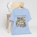 Fairy reading booklover T-shirt featuring "Stories Are My Safe Place" print, casual cotton tee for book enthusiasts