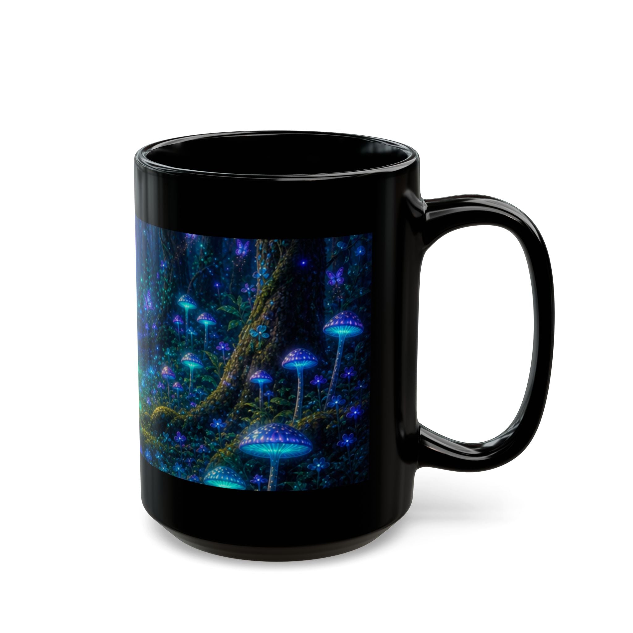 Mystical Forest Mushroom Black Mug – Glowing Fantasy Nightscape Coffee Cup (11oz/15oz) Printify