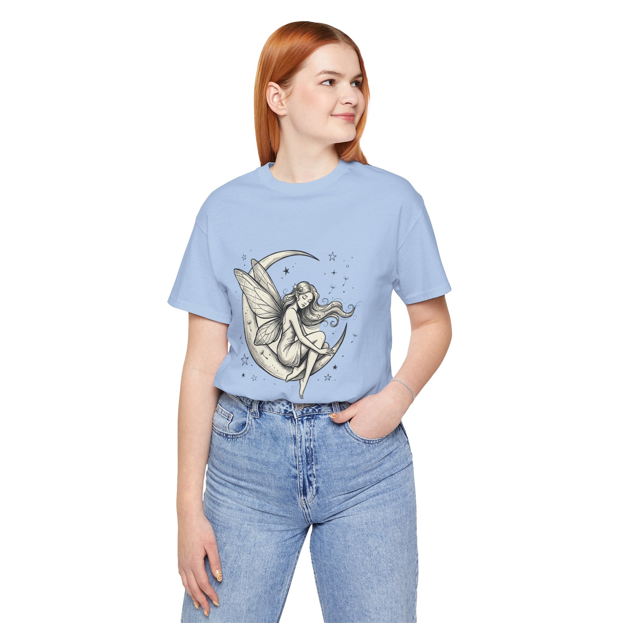White Moon Fairy T-Shirt with whimsical celestial moon and star graphic, featuring a celestial fairy design on a casual tee.