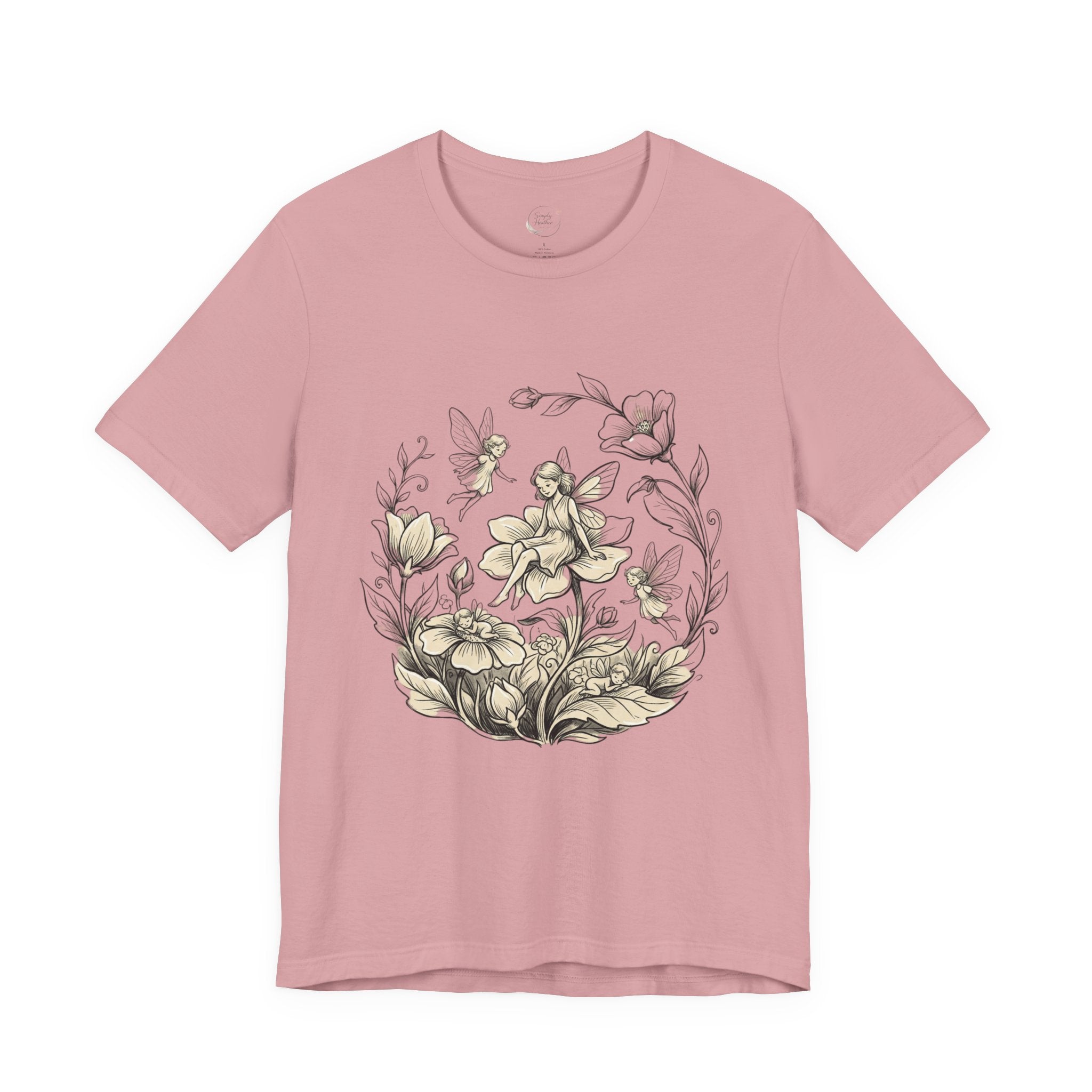 Vintage floral fairy garden T-shirt by Printify featuring botanical flower and fairy graphic on a soft fabric shirt.