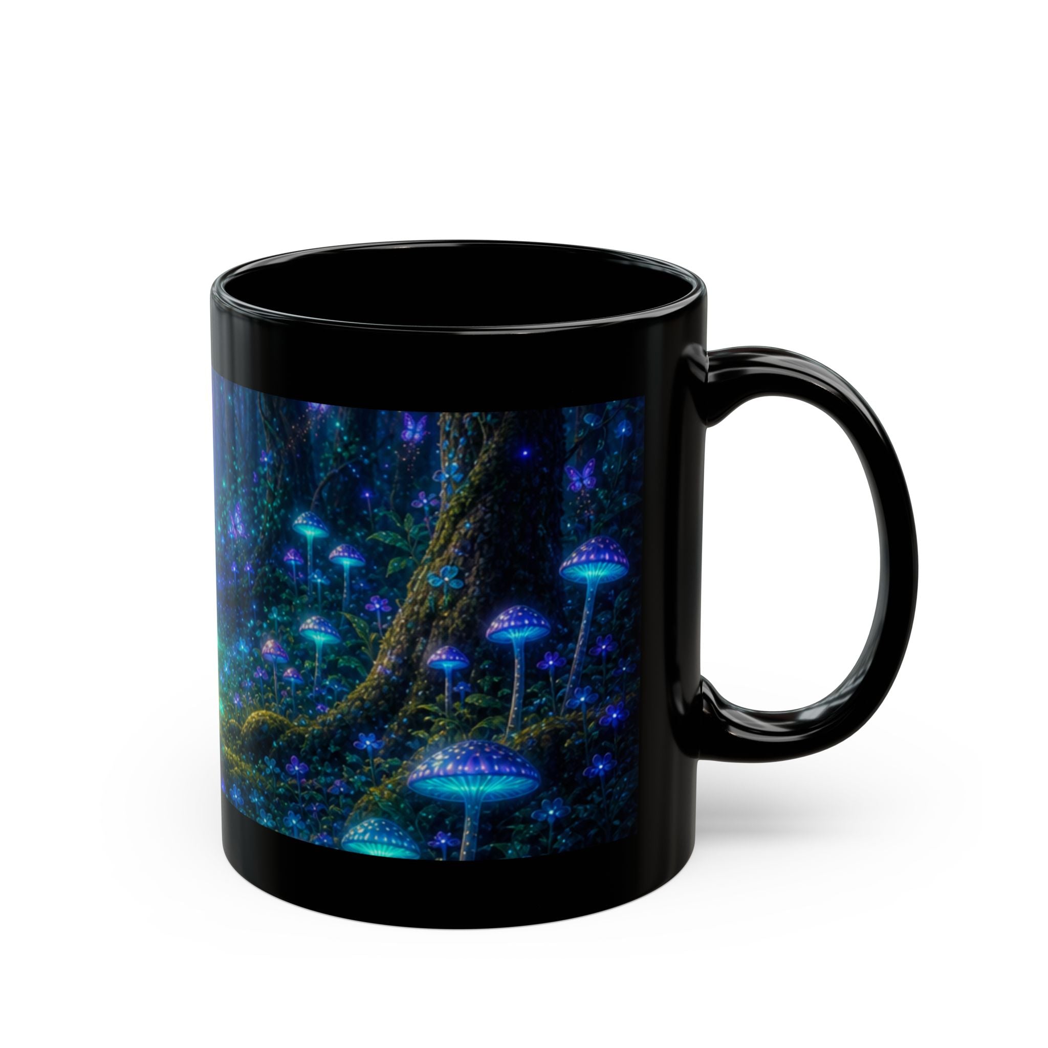 Mystical Forest Mushroom Black Mug – Glowing Fantasy Nightscape Coffee Cup (11oz/15oz) Printify