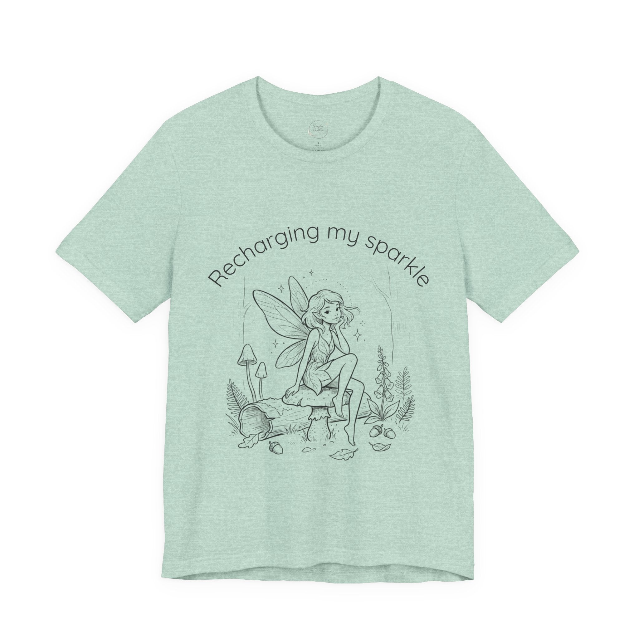 Vintage fairy graphic T-shirt with "Recharging My Sparkle" slogan, printed by Printify, featuring colorful fairy illustration.