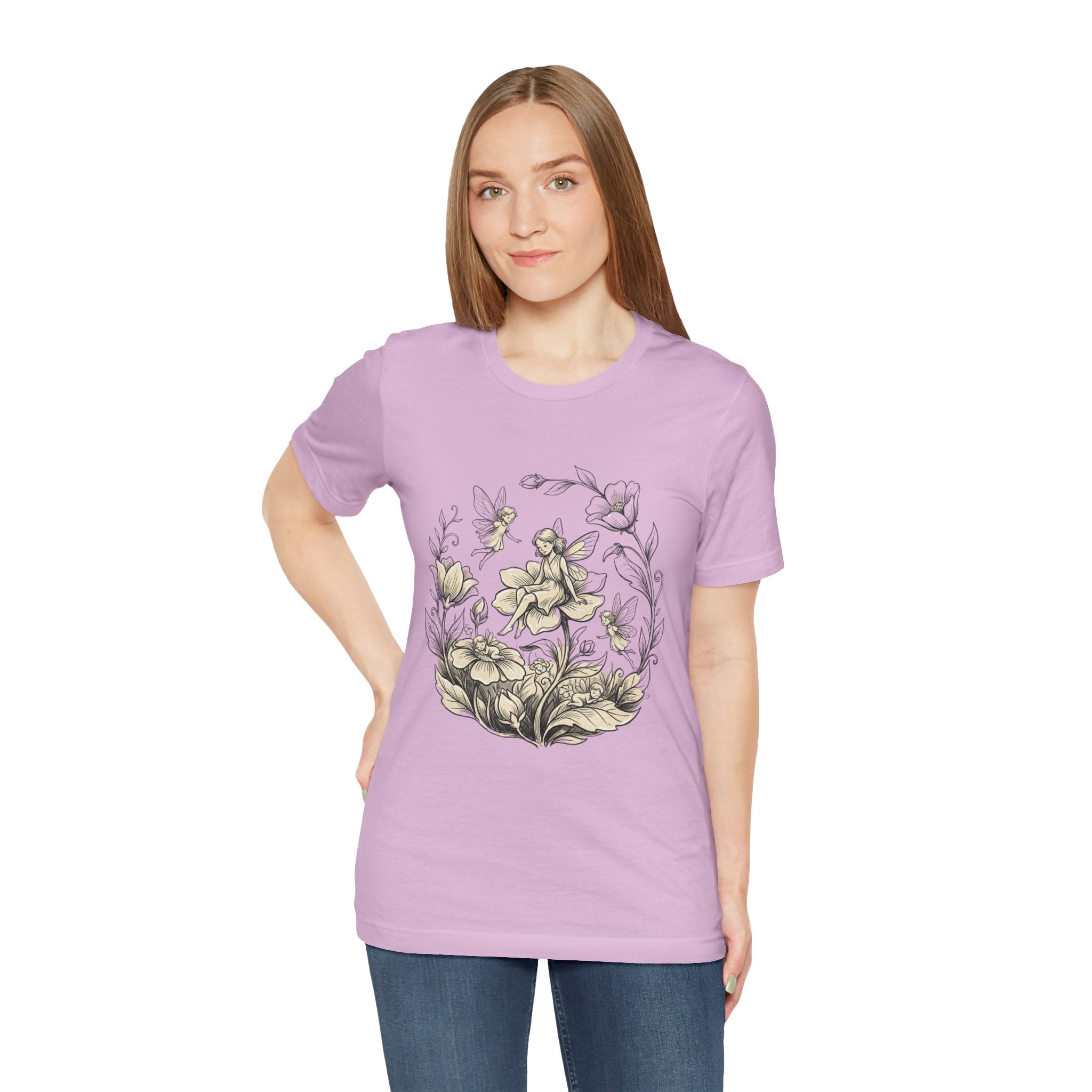 Vintage floral fairy garden T-shirt with botanical flower and fairy graphic, comfortable Printify graphic tee for casual wear