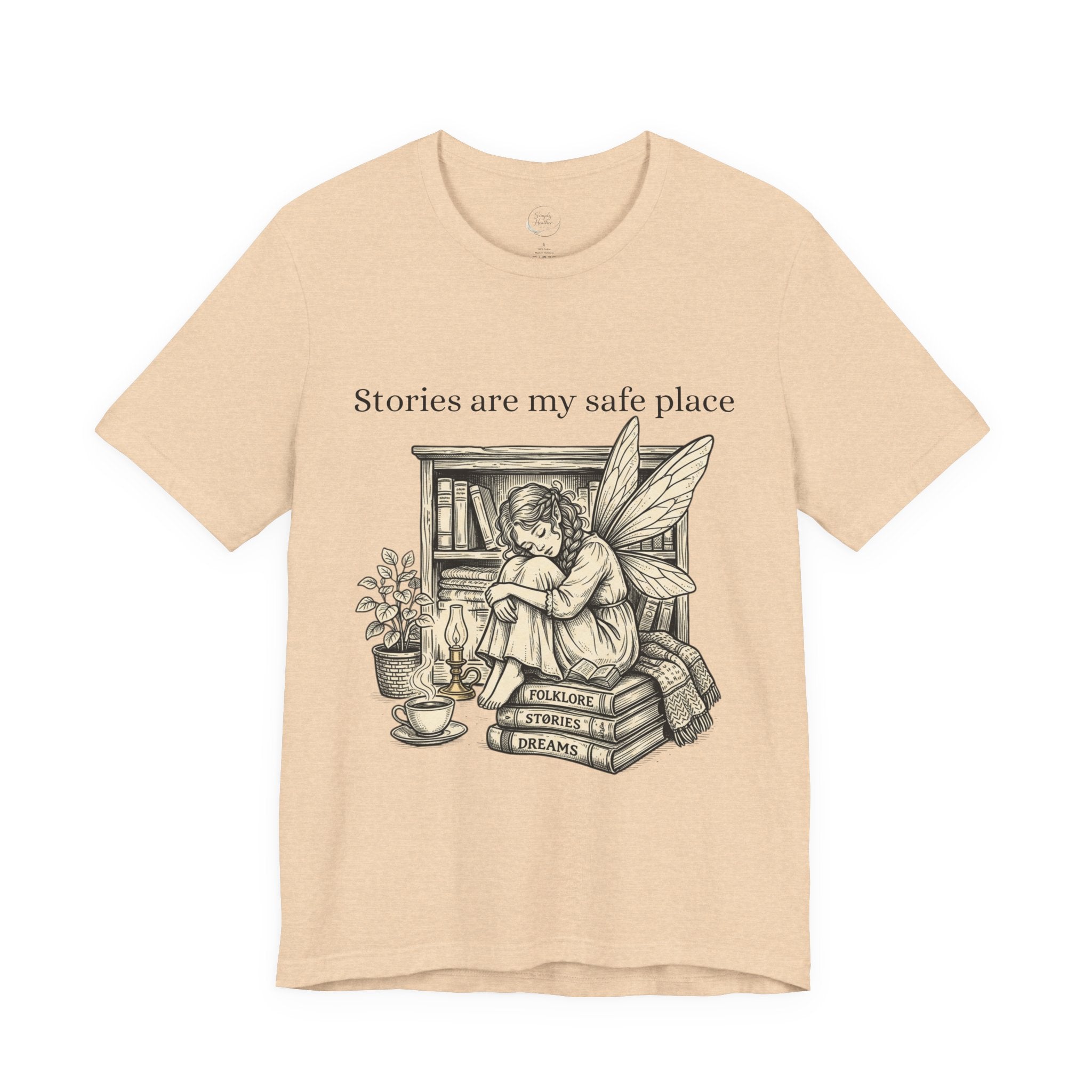 Fairy reading booklover T-shirt with "Stories Are My Safe Place" slogan, casual graphic tee for book enthusiasts.