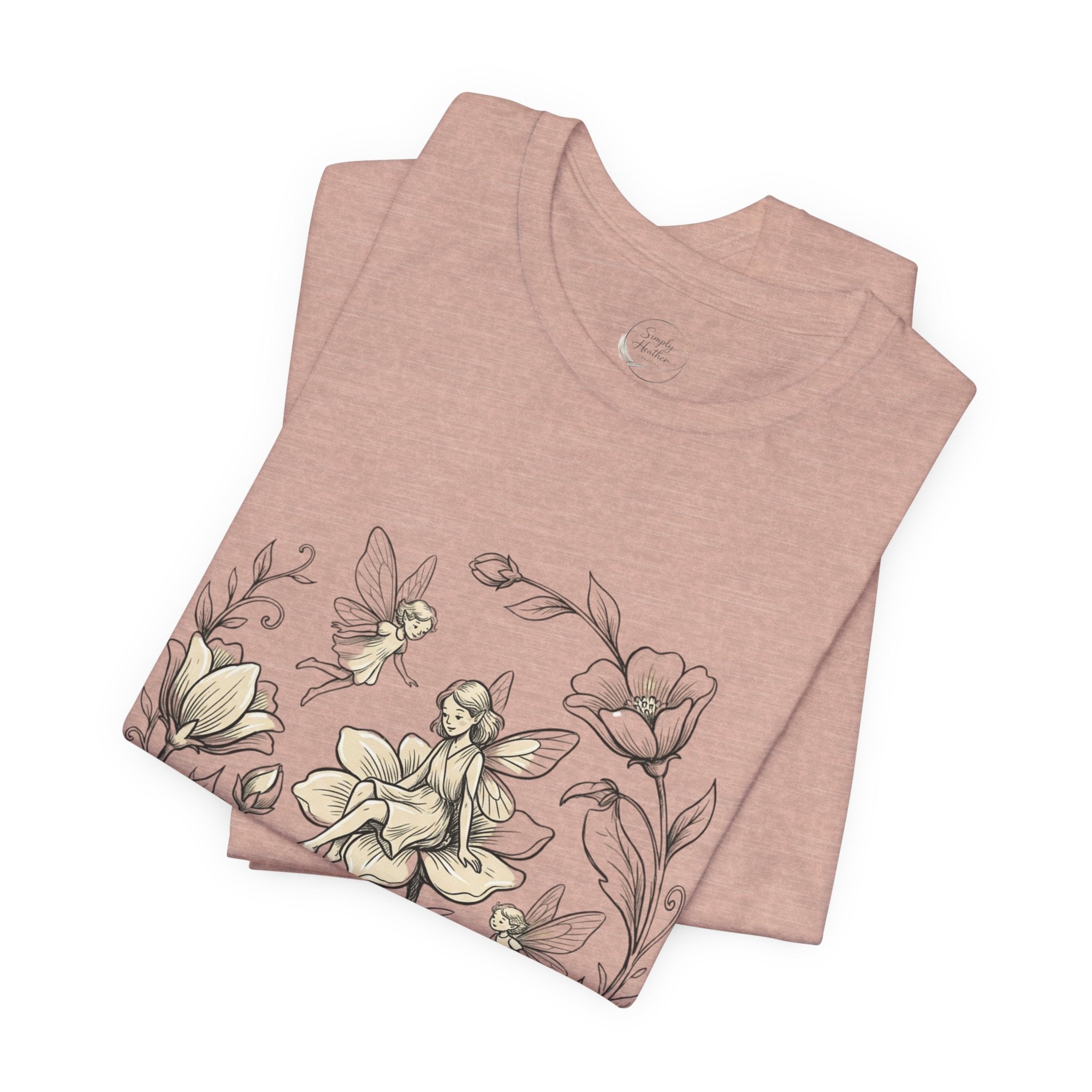 Vintage floral fairy garden T-shirt with botanical flower and fairy graphic, by Printify, featuring colorful nature-inspired design.