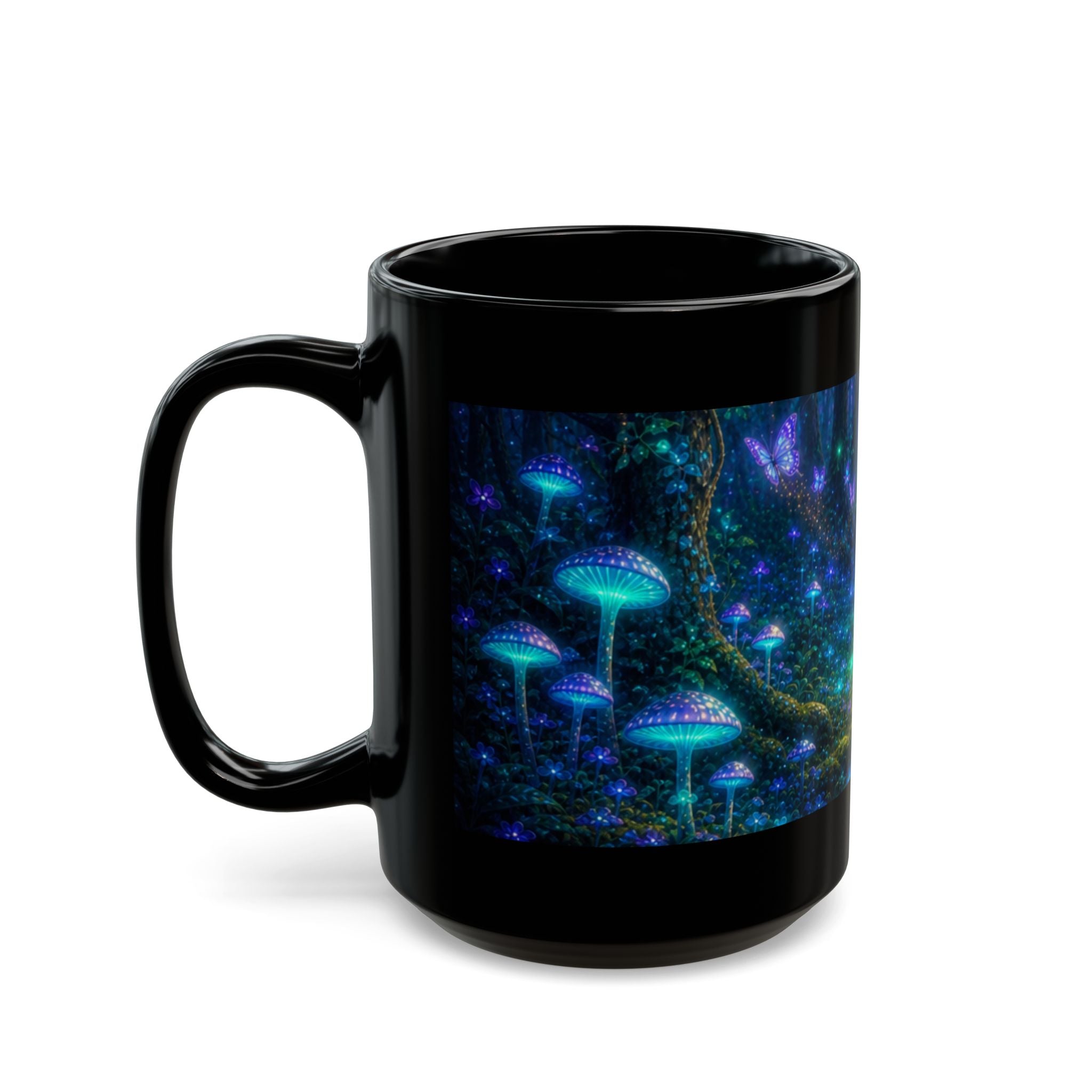 Mystical Forest Mushroom Black Mug – Glowing Fantasy Nightscape Coffee Cup (11oz/15oz) Printify