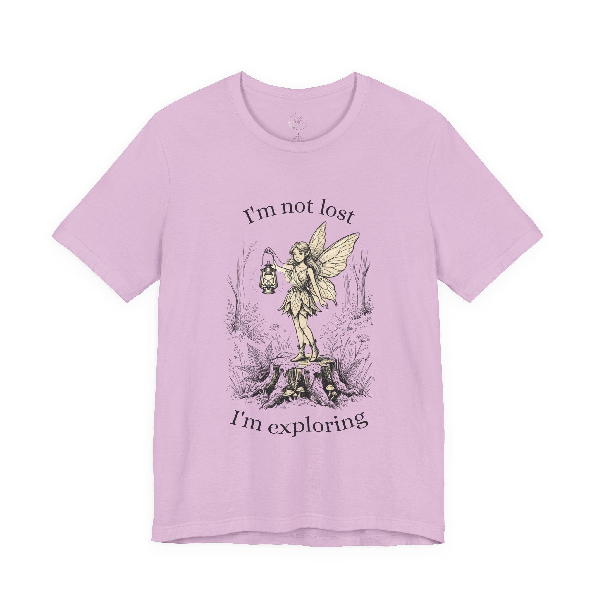 Fairy Exploration Tee with "I'm Not Lost, I'm Exploring" graphic print, casual cotton T-shirt for outdoor adventures.