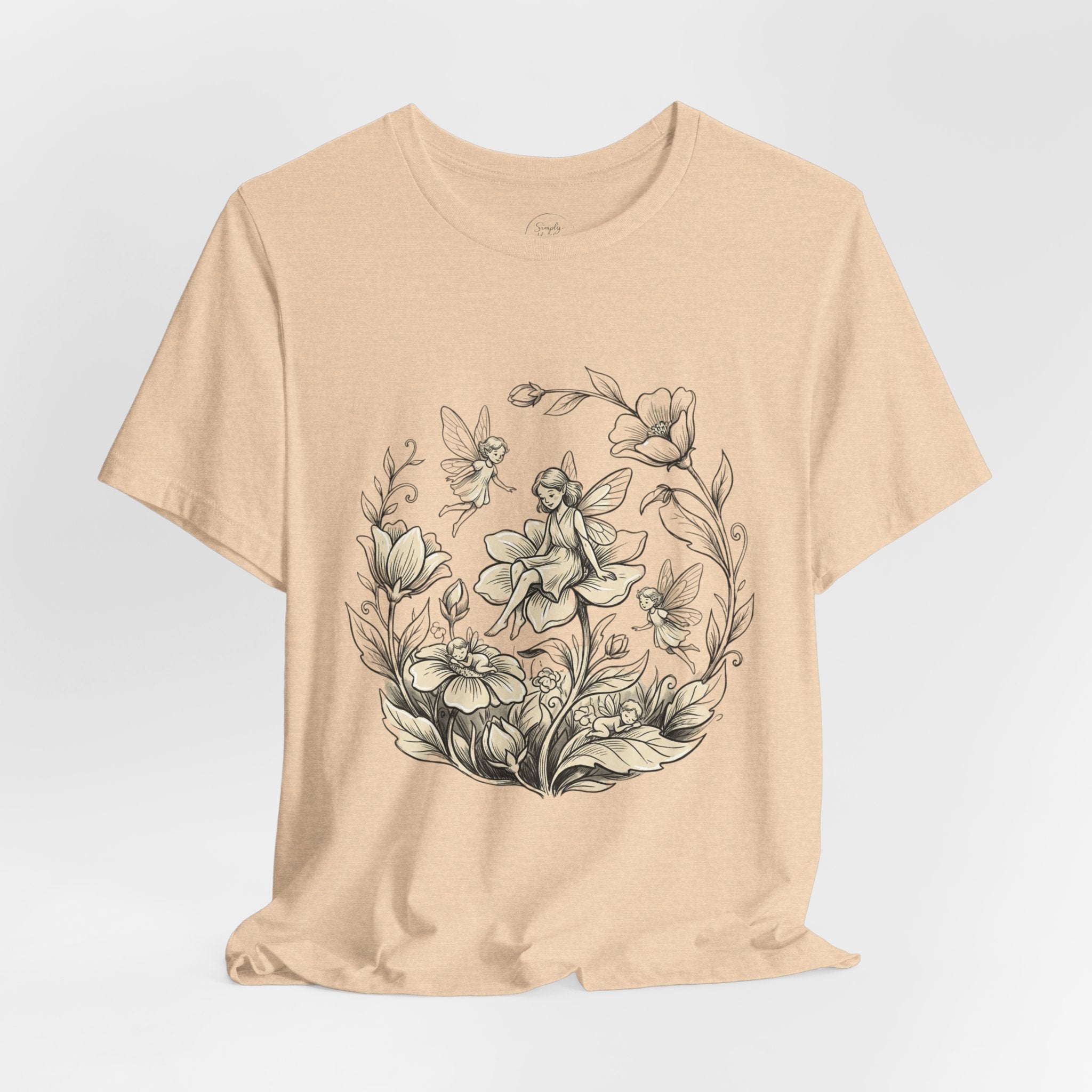 Vintage floral fairy garden T-shirt featuring botanical flower and fairy graphic on a soft fabric tee.
