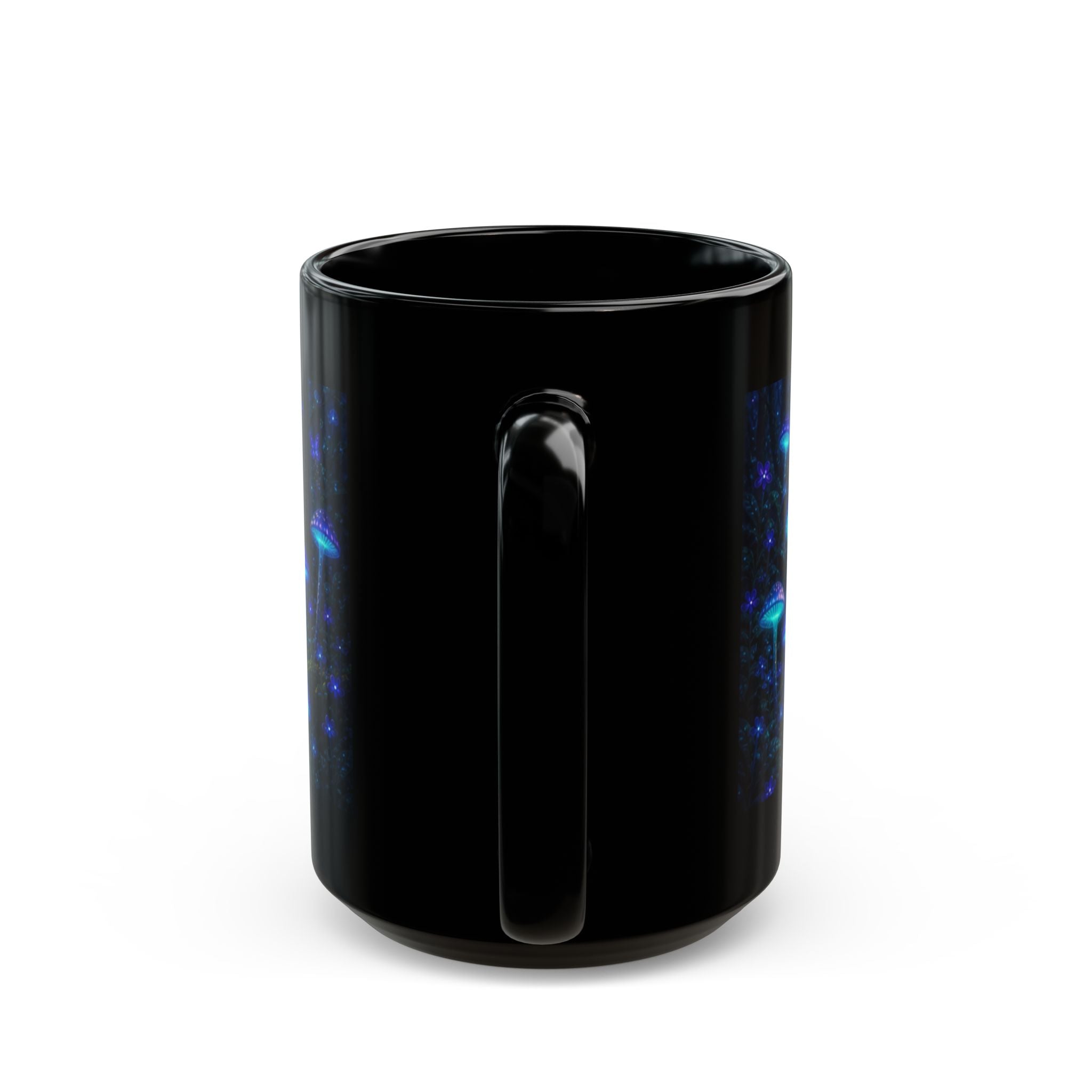 Mystical Forest Mushroom Black Mug – Glowing Fantasy Nightscape Coffee Cup (11oz/15oz) Printify