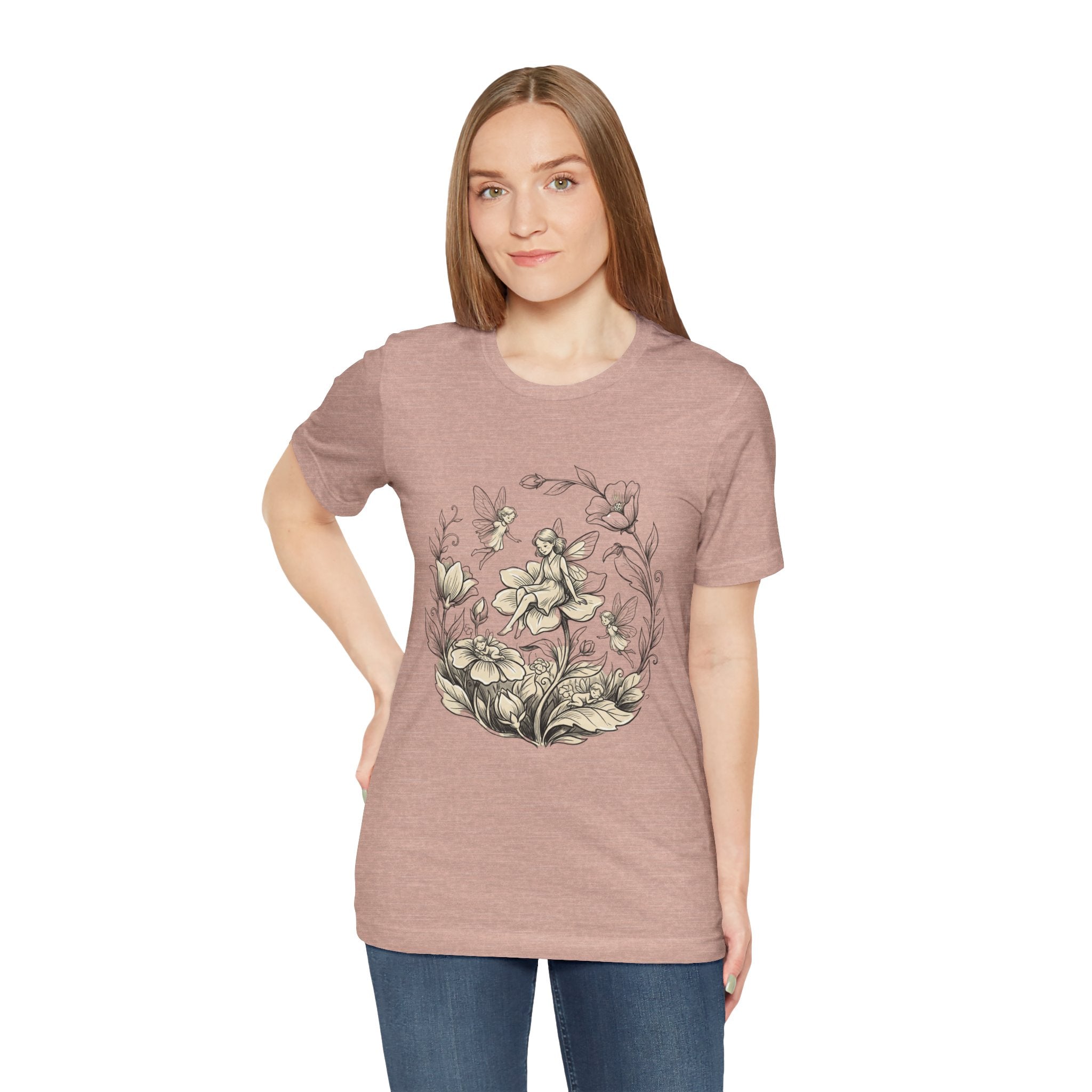 Vintage floral fairy garden T-shirt by Printify featuring botanical flower and fairy graphic on soft fabric.