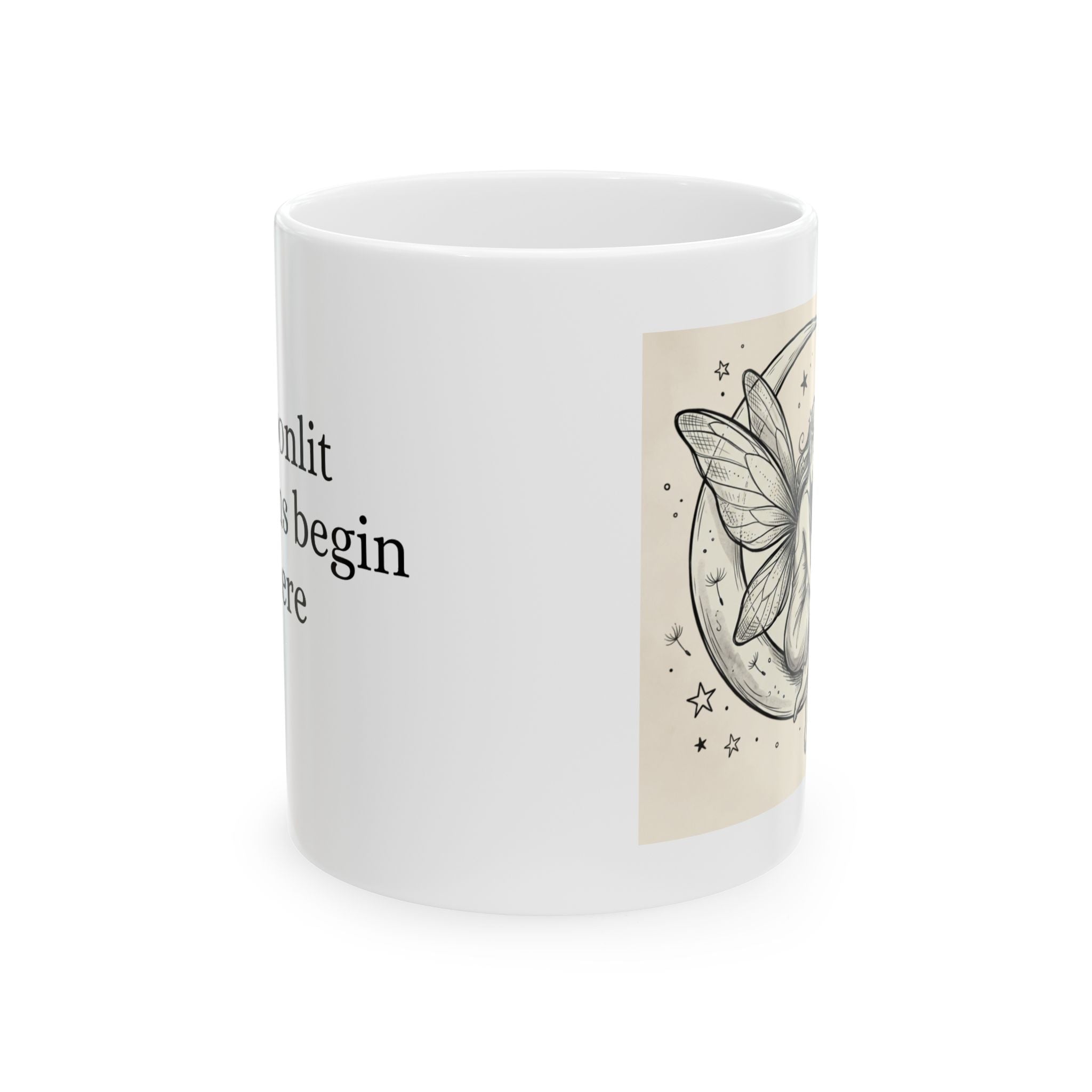 Butterfly Moon Fairy ceramic mug with floral design, available in 11oz and 15oz sizes, by Printify, shown with a decorative pattern.