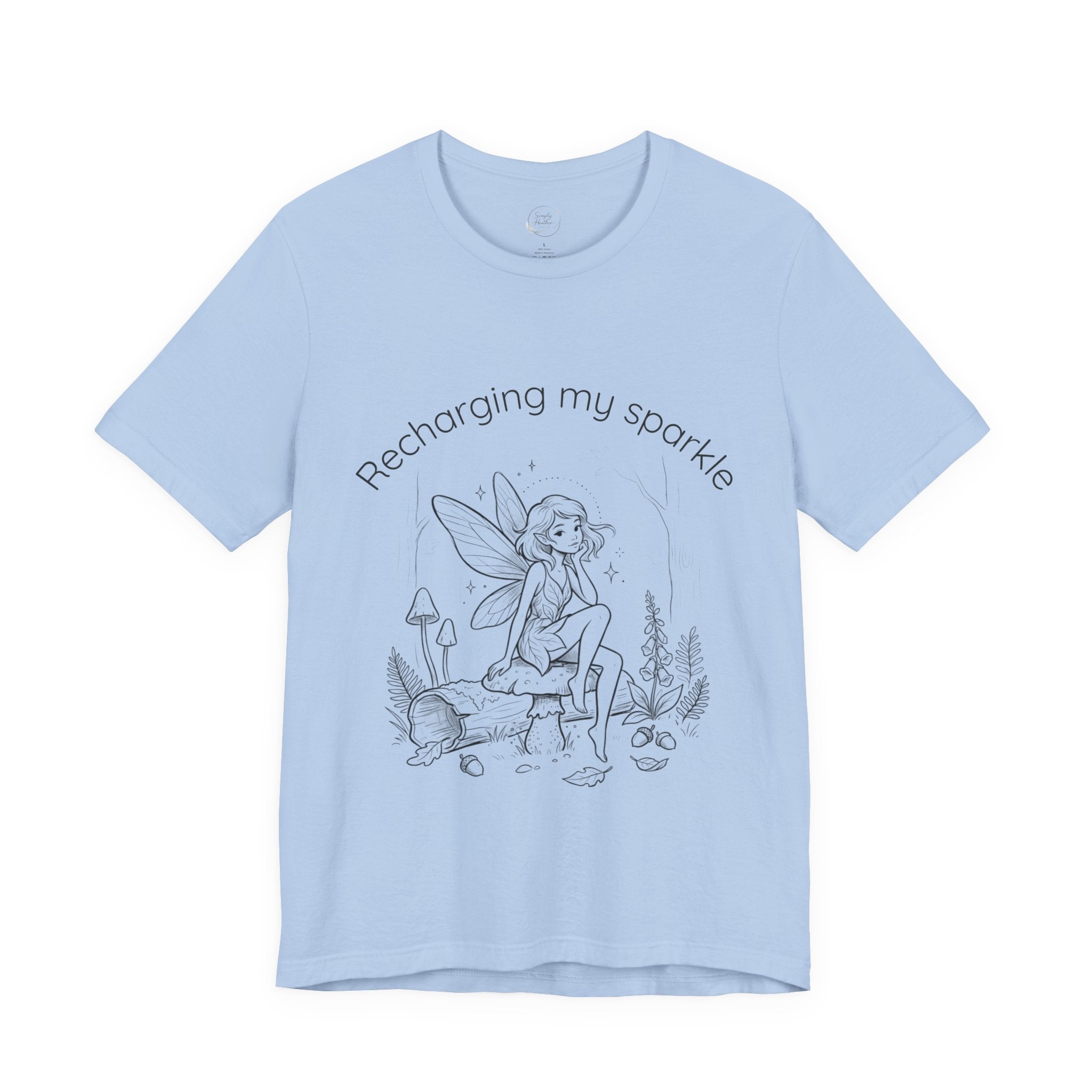 Vintage fairy graphic T-shirt by Printify featuring the phrase “Recharging My Sparkle” on a stylish, casual tee.