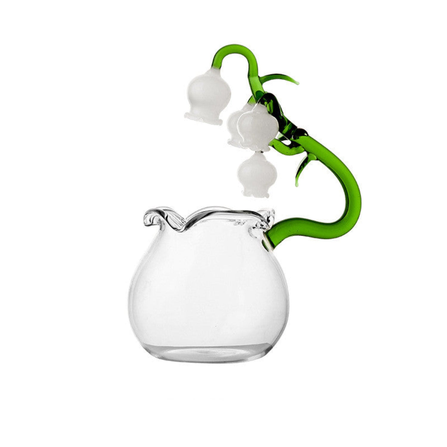 Hand-blown glass bellflower teapot with matching cup from 24 Hour Crafts, featuring artisan floral design in clear glass.