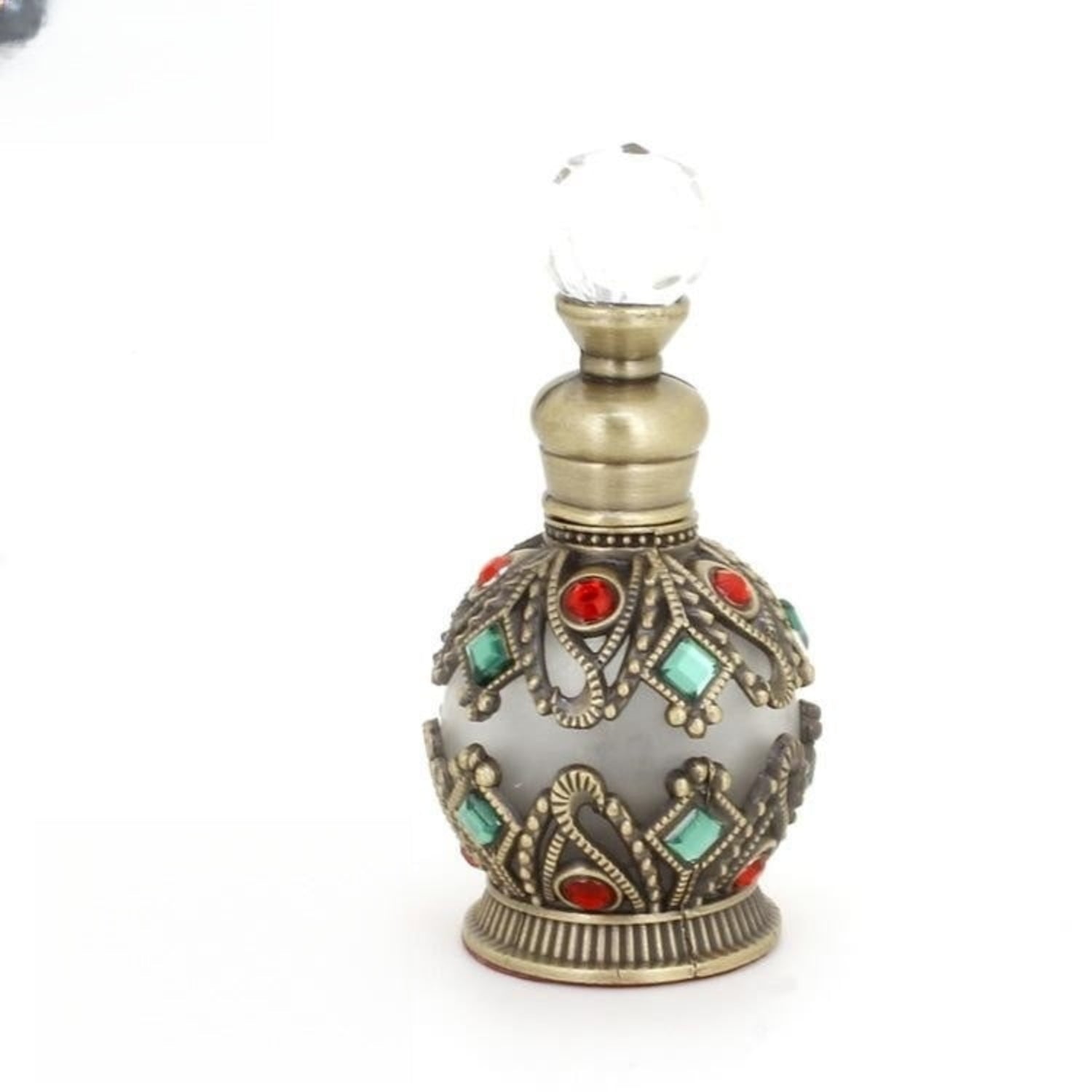 Ornate 15ml glass essential oil bottle with bronze decorative design, perfect for perfume or potion storage.