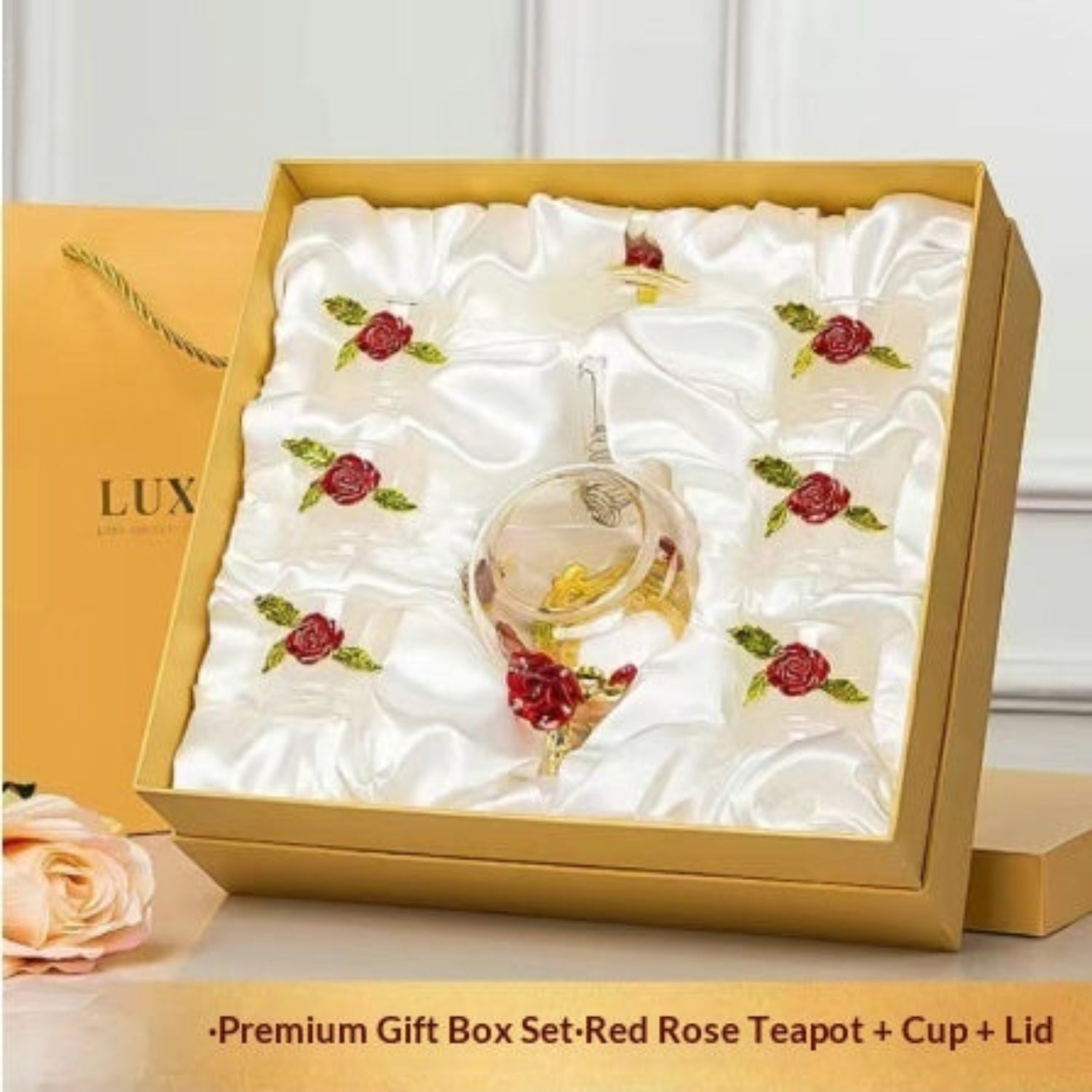 Enamel glass floral tea set with a cottage rose design, including a teapot and matching teacup from 24 Hour Crafts.