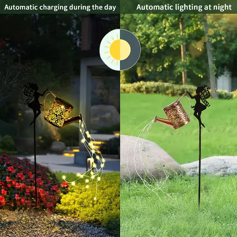 Fairy Watering Can Garden Light by Simply Heather Creative, enchanted yard ornament with fairy design, illuminated at night.