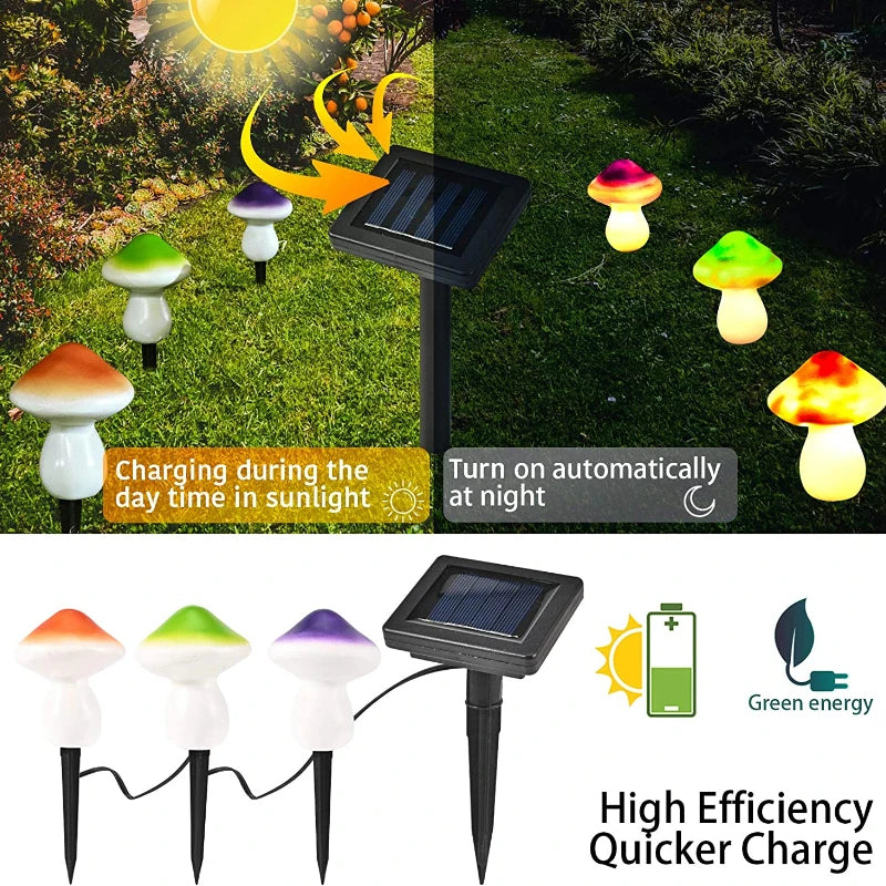 Large waterproof mushroom garden lights set by Modalyst, featuring three glowcap solar lights for outdoor fairy garden illumination.