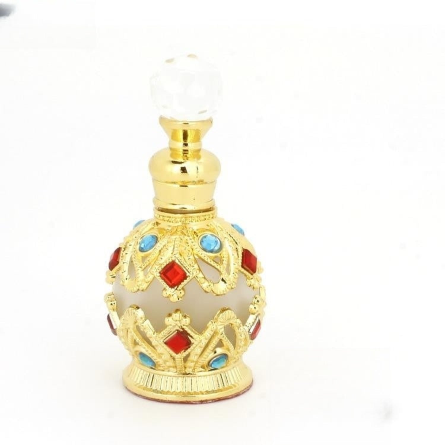 Ornate 15ml gold glass essential oil bottle by 24 Hour Crafts, decorative perfume and potion vial with intricate design.