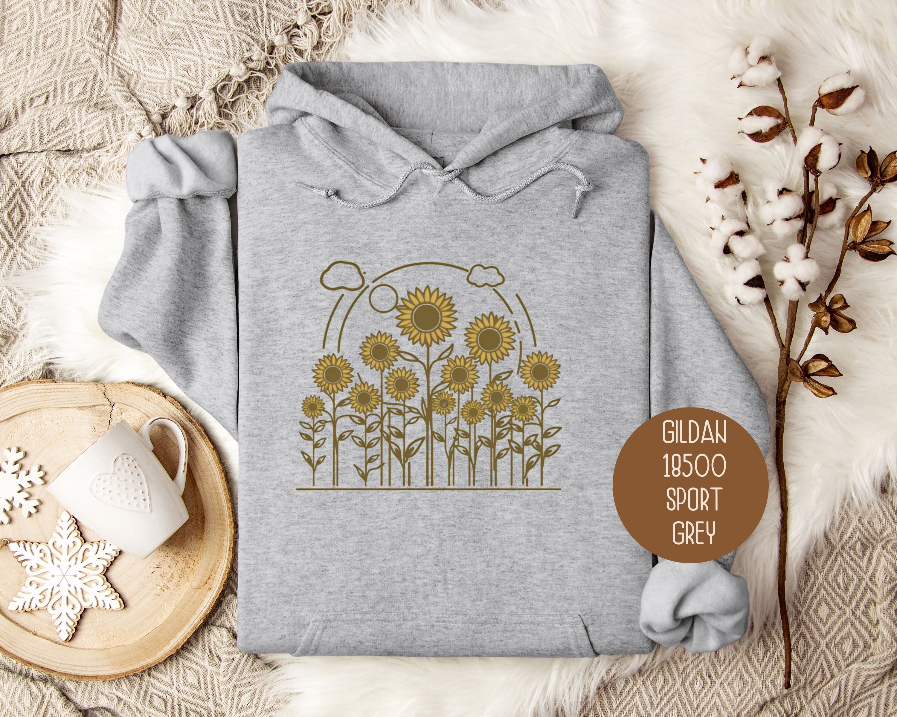 Heather gray Golden Cottage Sunflower hoodie by CreativeSpecialTs, featuring a sunflower design on the front.