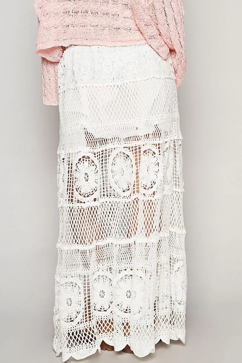 Back view of Hearthside Cottage crochet skirt by Trendsi, showcasing detailed knit pattern and flowing design.
