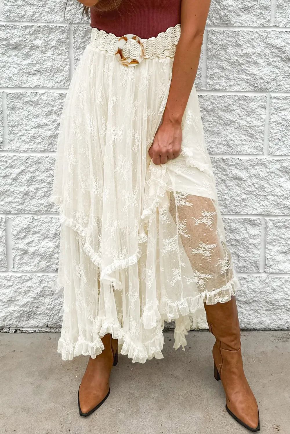 Ivory lace tiered midi skirt with romantic layered design, front view showcasing delicate lace fabric and flowing silhouette.