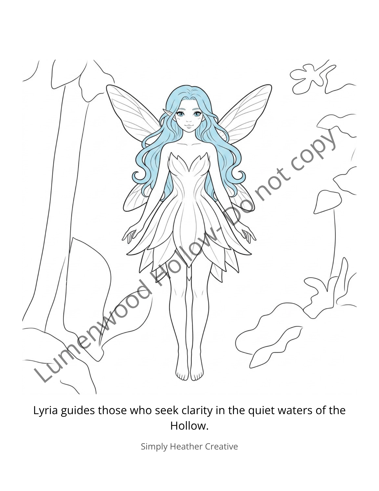 Digital coloring page of Lyria from Lumenwood Hollow by Simply Heather Creative, featuring detailed line art for coloring.