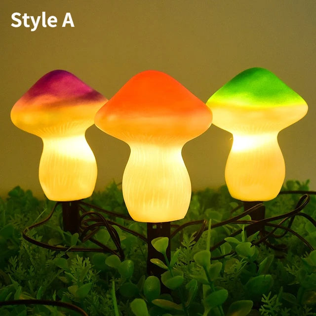 Multi-color solar mushroom fairy garden lights set featuring three waterproof glowcap garden lights for outdoor decoration.