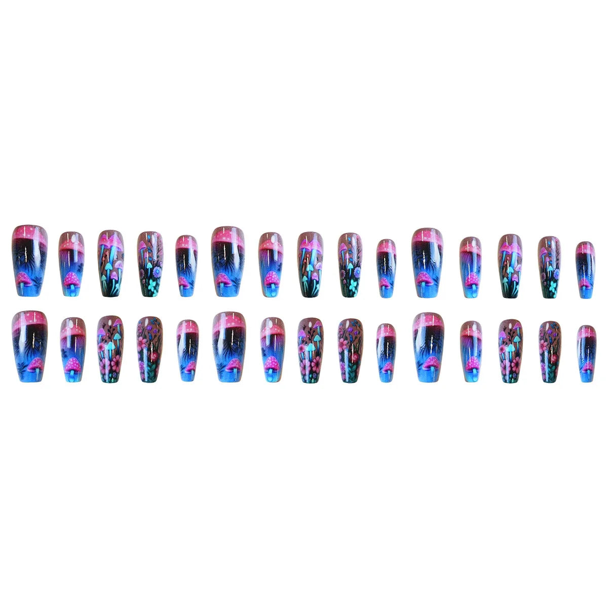 Cashymart mushroom design press on nails set featuring natural-looking nails with mushroom artwork for stylish, easy-to-apply manicure.