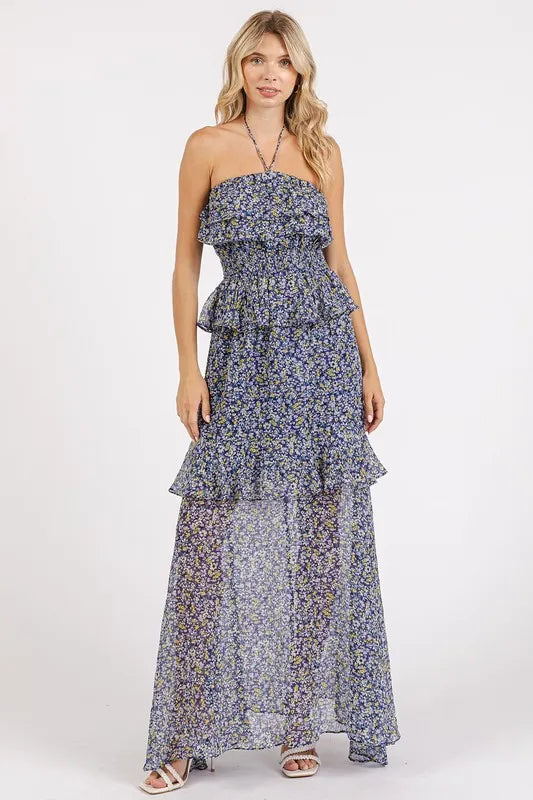 Navy floral ruffle halter dress by Trendsi, front view showing ruffled neckline and flowy fabric for a stylish summer look.