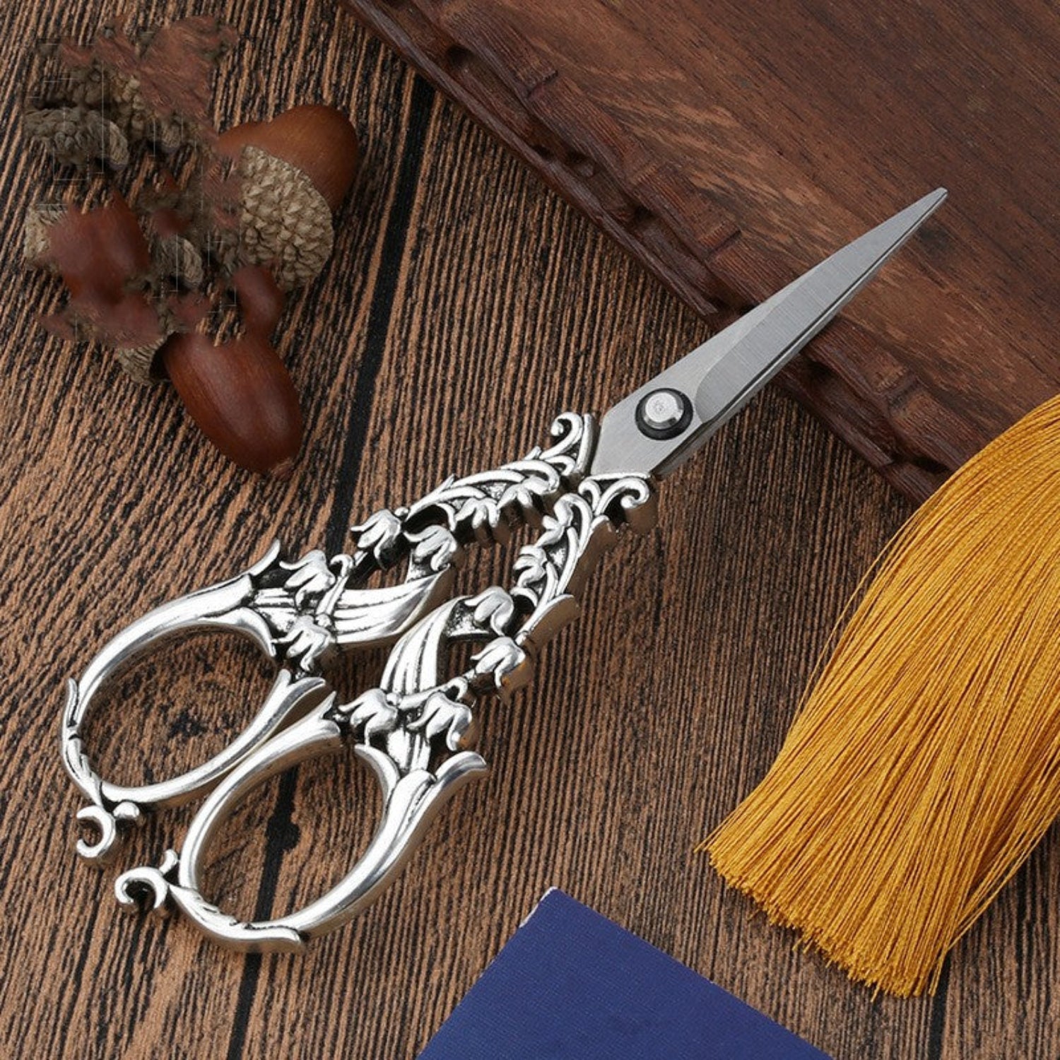 Vintage silver Bell Flower scissors by 24 Hour Crafts, classical stainless steel craft and embroidery shears with ornate floral design.
