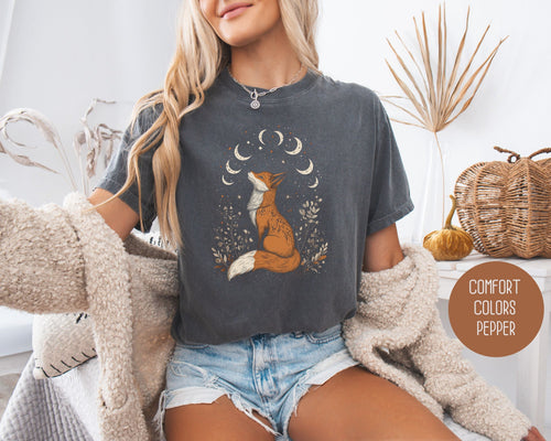 Cream-colored Celestial Fox Cottagecore T-Shirt by CreativeSpecialTs featuring a whimsical fox and celestial design on soft cotton fabric