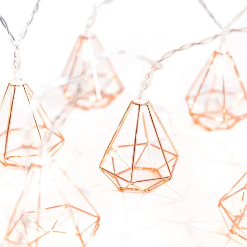 Rose gold diamond-shaped LED string fairy lights with warm white LEDs, battery operated, perfect for holiday or decorative use.
