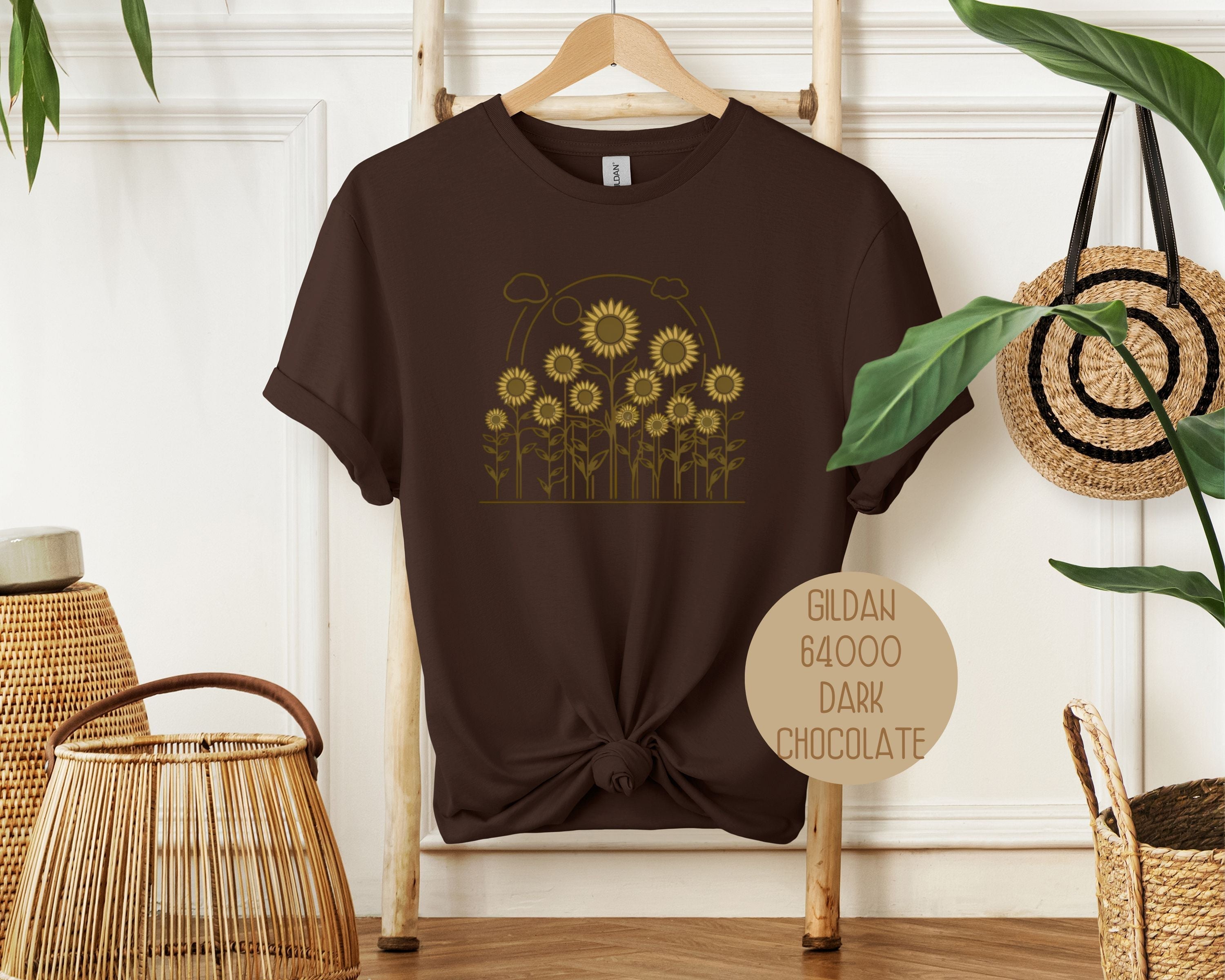 Dark chocolate Rosehaven Cottage Vintage Sunflower T-shirt by CreativeSpecialTs, front view showcasing sunflower design.