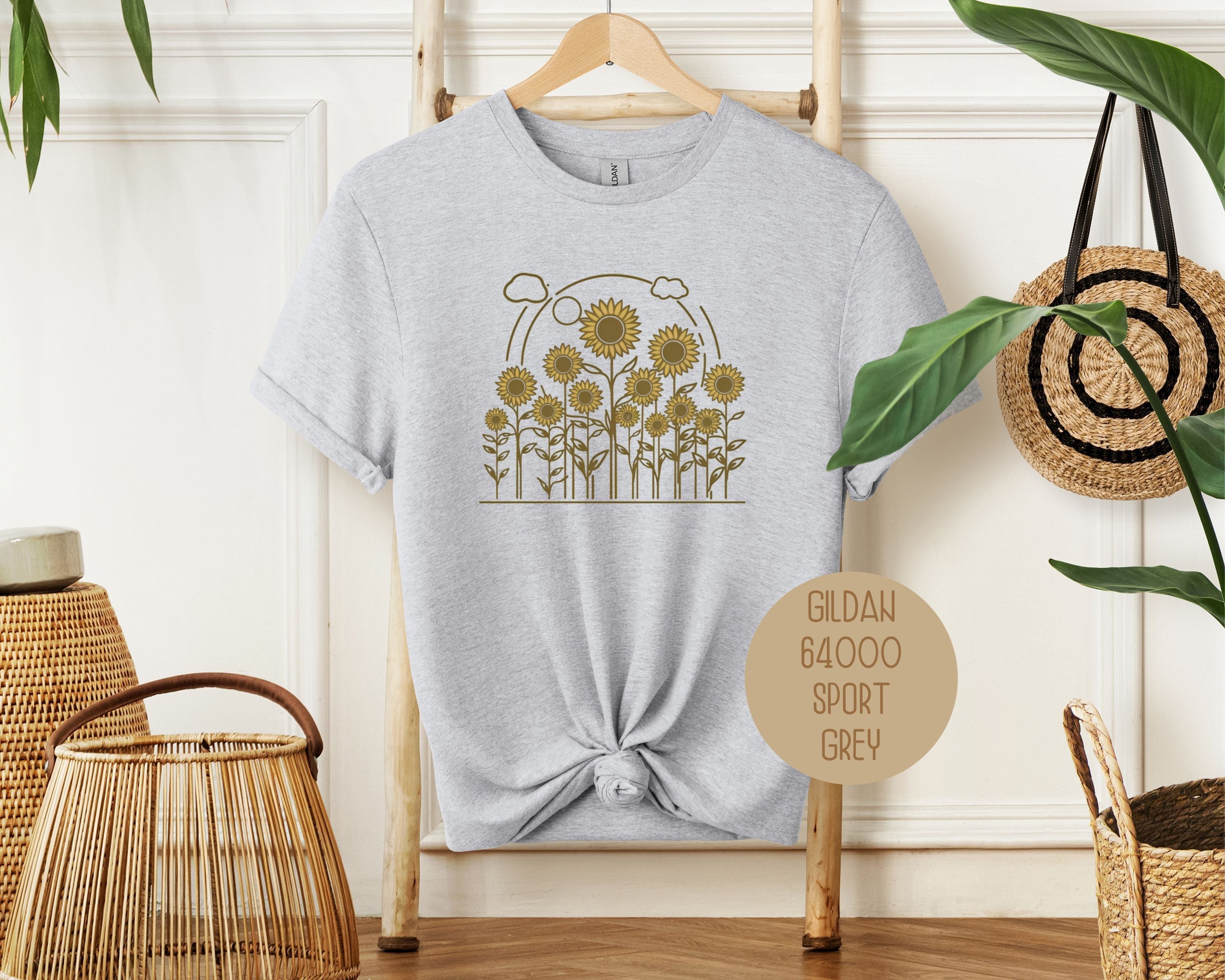 CreativeSpecialTs Rosehaven Cottage vintage sunflower T-shirt in sport grey, showing front view with sunflower design.