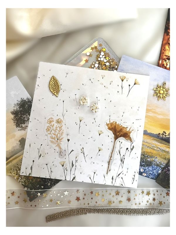 A styled flat-lay of a white card or notebook featuring pressed wildflowers, gold foil leaf and sun motifs, and small white floral embellishments, surrounded by decorative ribbons and printed paper pieces on a soft light background.