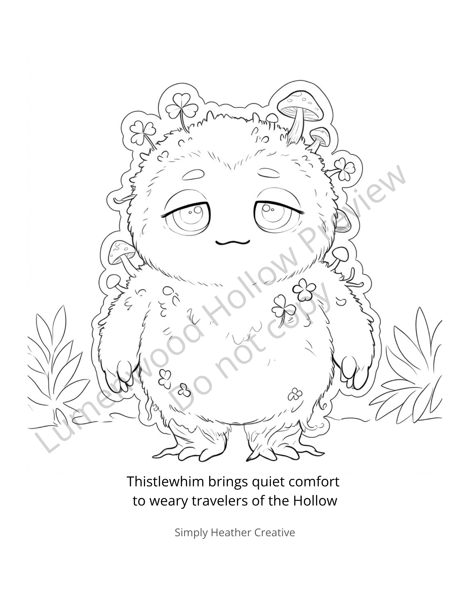 Digital coloring page of a whimsical thistle design titled Thistlewhim by Simply Heather Creative on Lumenwood Hollow.