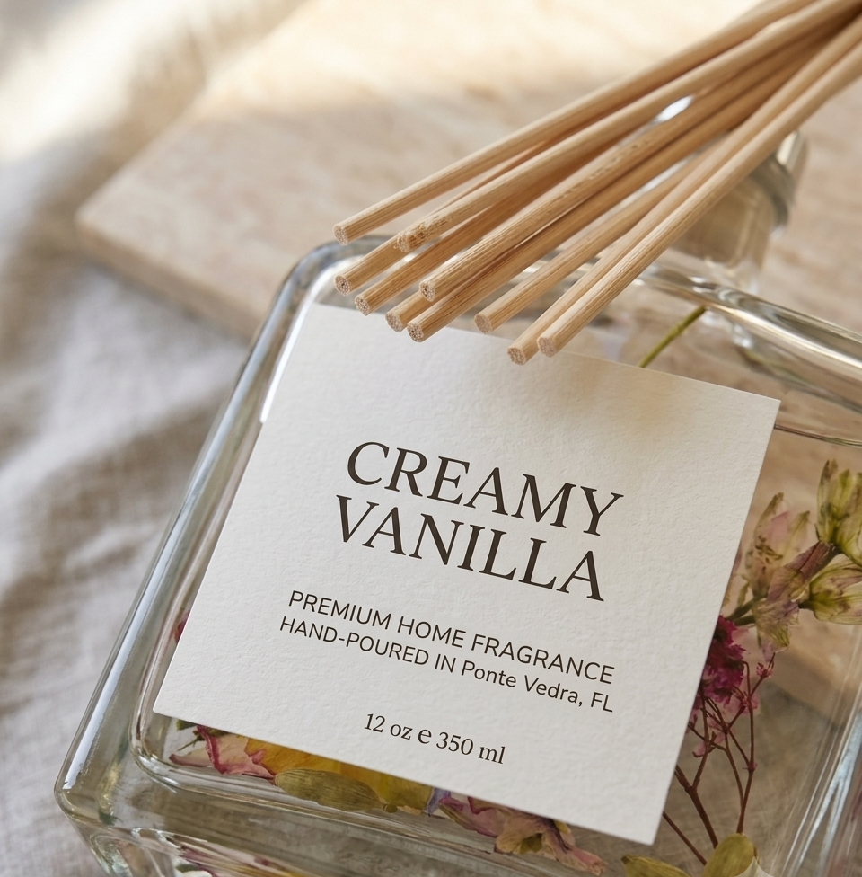 Woodland Bloom Botanical Reed Diffuser bottle by Crazy About Candles with warm vanilla scent for home decor and fragrance.