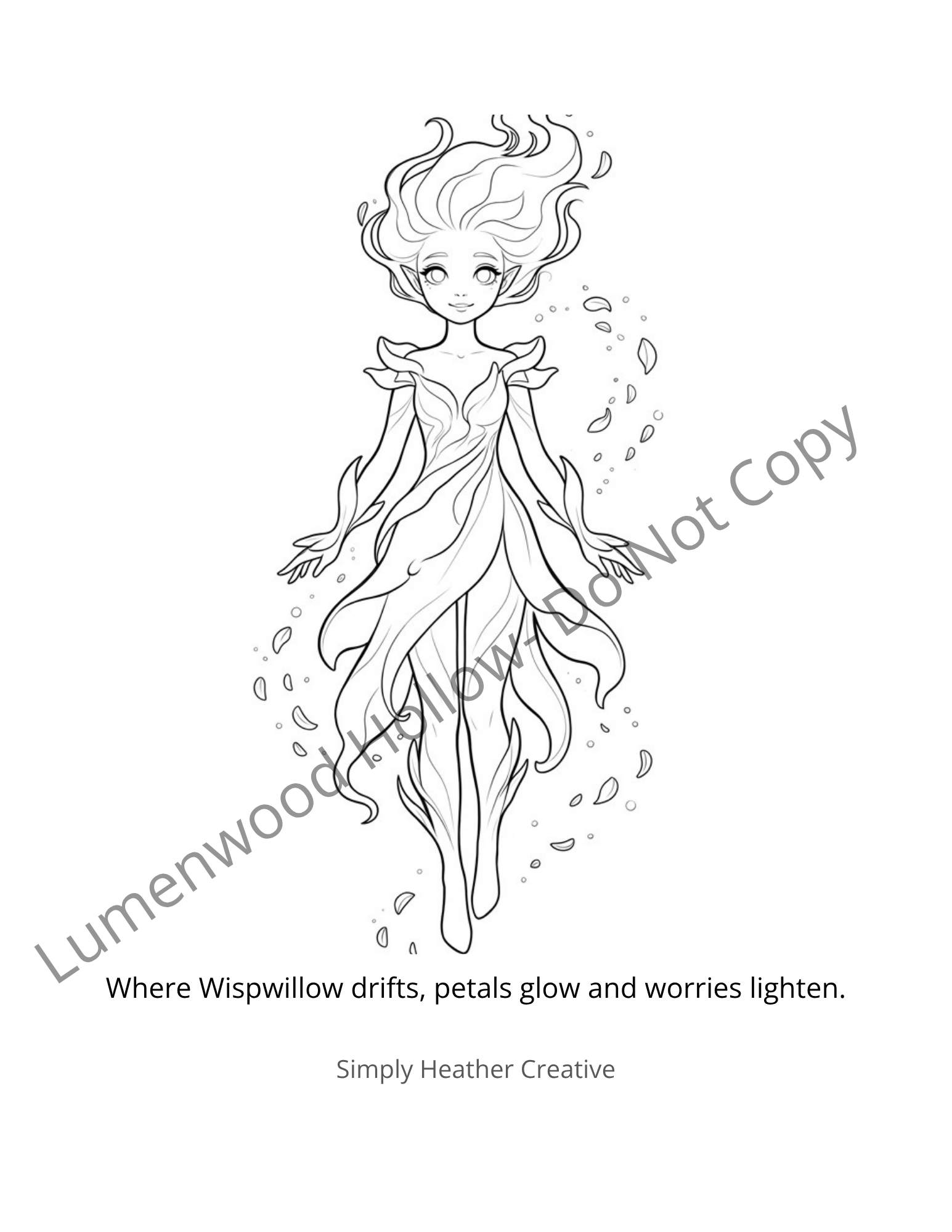 Digital coloring page featuring Wispwillow design from Lumenwood Hollow by Simply Heather Creative, showcasing intricate fantasy woodland artwork.