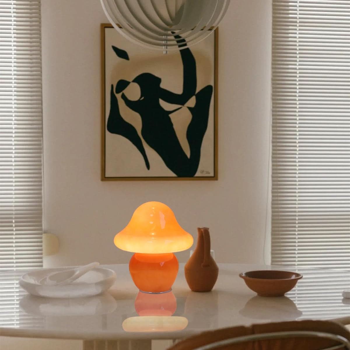 Amber Glowcap hand-blown mushroom table lamp by ShipItFurniture, featuring a warm amber glass mushroom design.