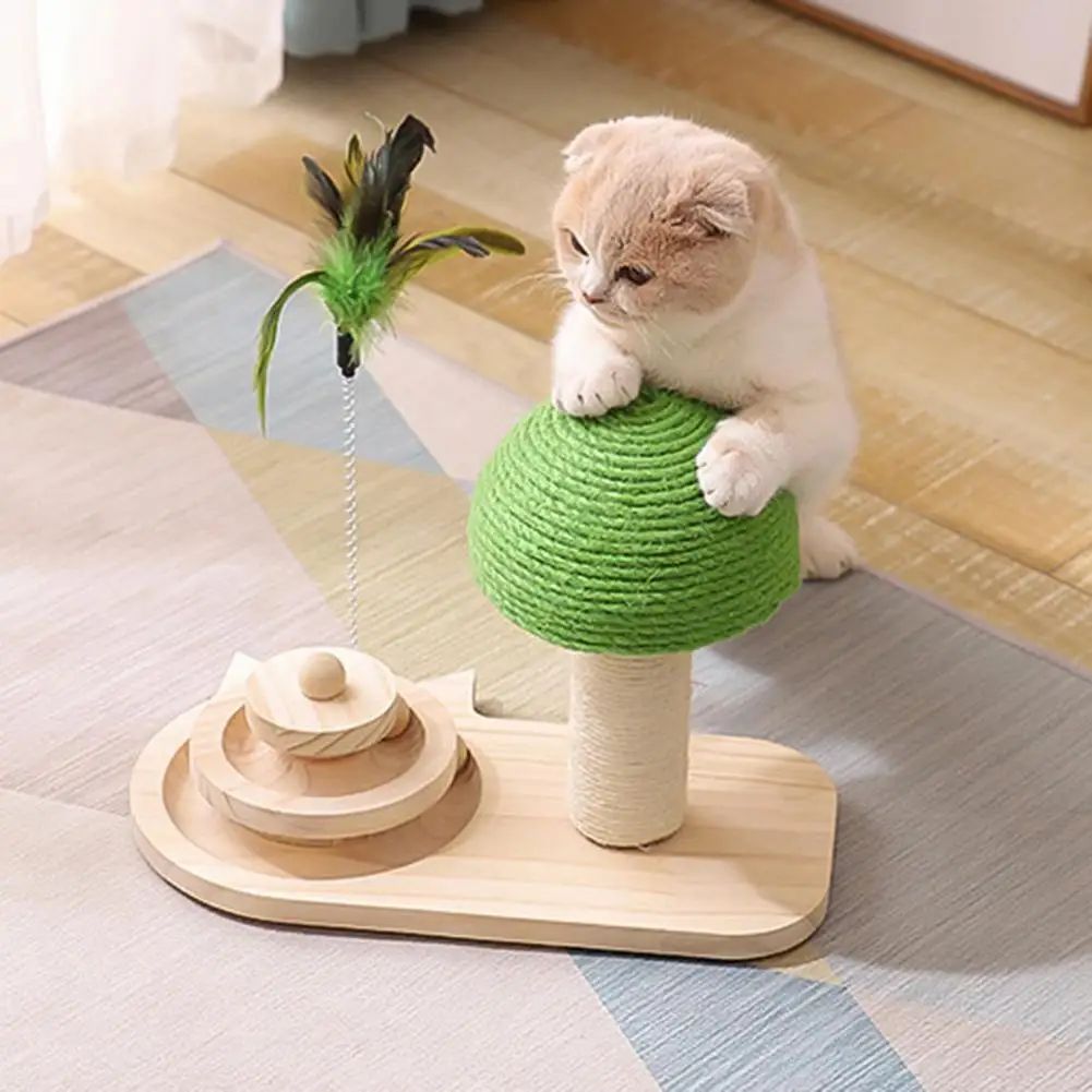 Sisal rope mushroom cat scratching post with interactive ball track, wooden design by 24 Hour Crafts for feline fun.